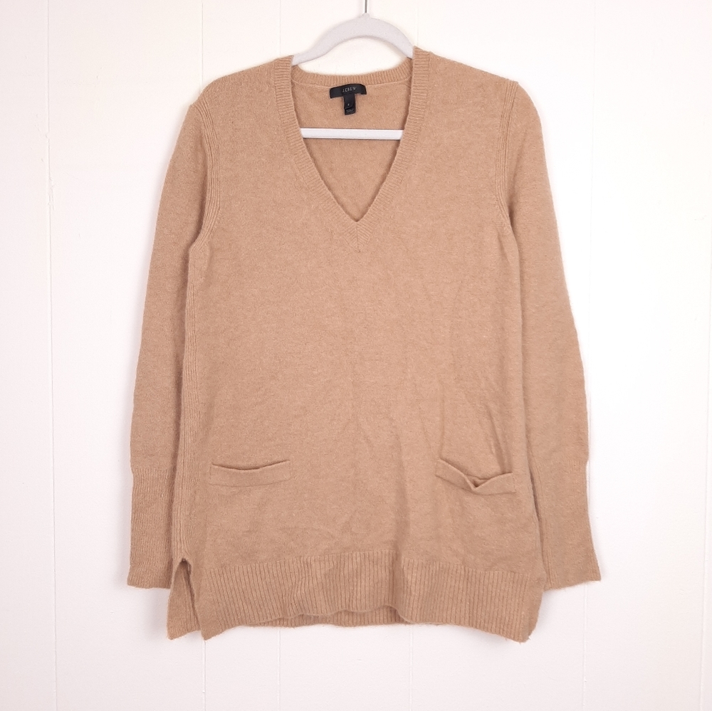 J. Crew V-Neck Front Pocket Tunic Sweater Supersoft merino wool alpaca long tan
